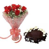 Chocolate Cake & 10 Red Rose