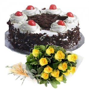 Black Forest Cake 12 Yellow Roses